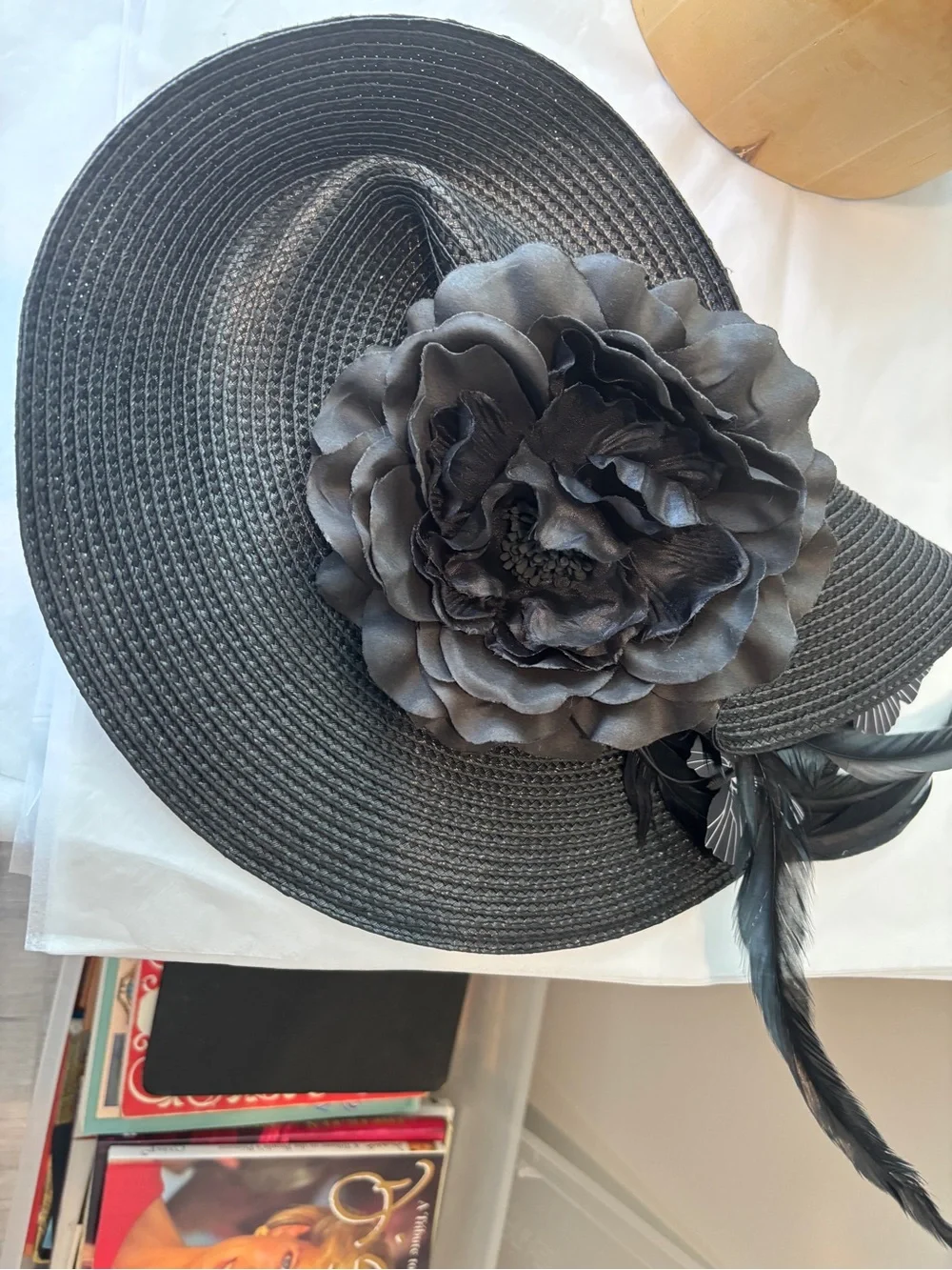 Black Floral Wide-Brim Women’s Hat - Elegant Occasion Headpiece Fascinator
